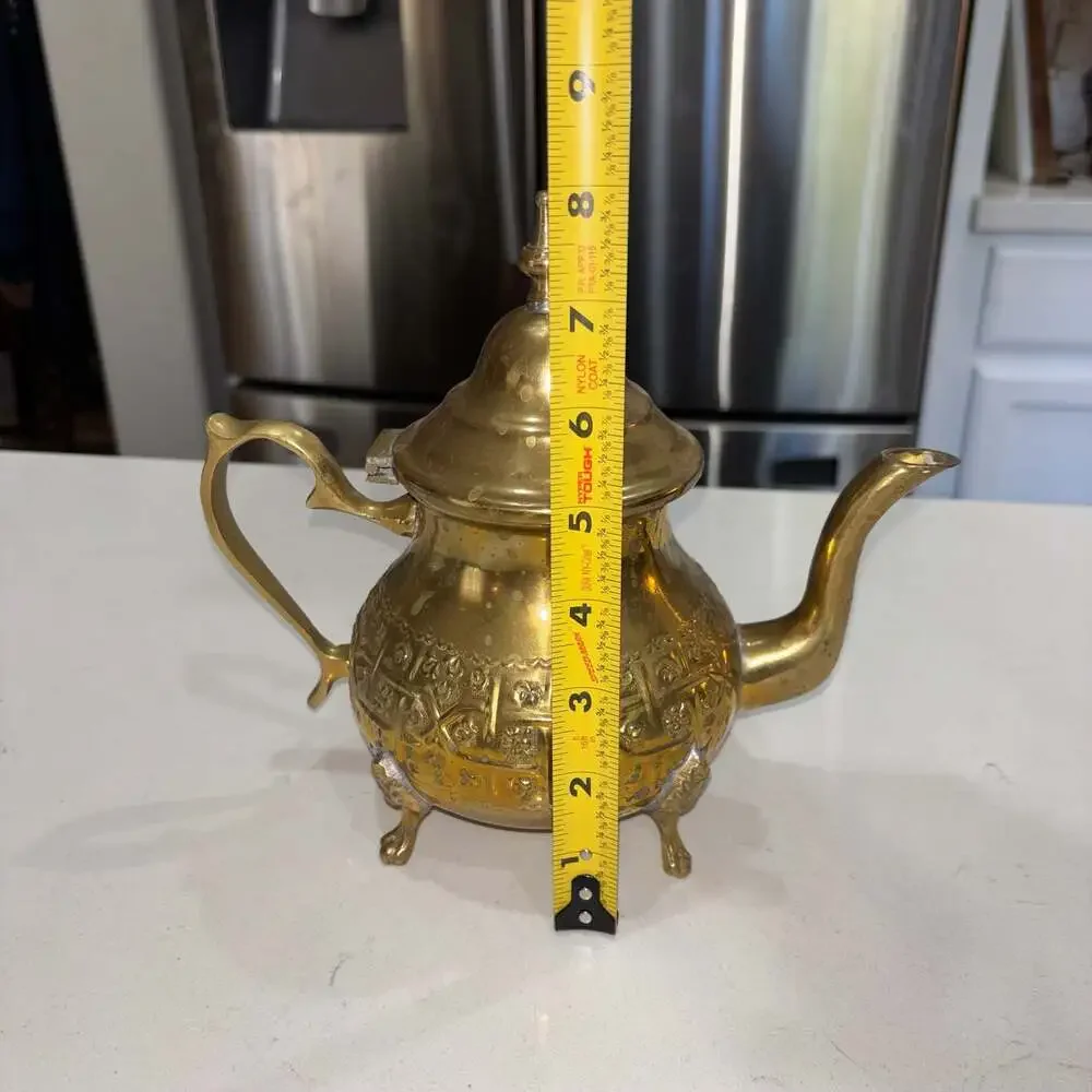 Vintage Ornate Moroccan Style Brass Decorative Teapot with Floral Engravings